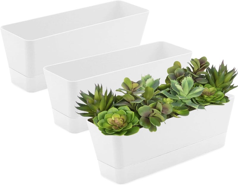Lainrrew 3 Pack Window Box Planters, 12 Inches Rectangular Planter Plastic Flower Box Plant Pots Plant Containers with Tray for Balcony, Windowsill, Garden, Home Office Outdoor Decoration, White - Image 1